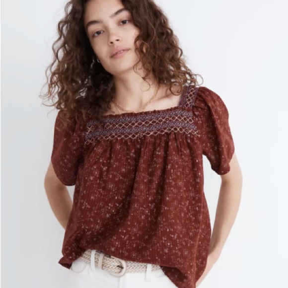 Madewell Tops - Madewell Square-Neck Smocked Top in Dotted Vines Red Size M Embroidered Blouse